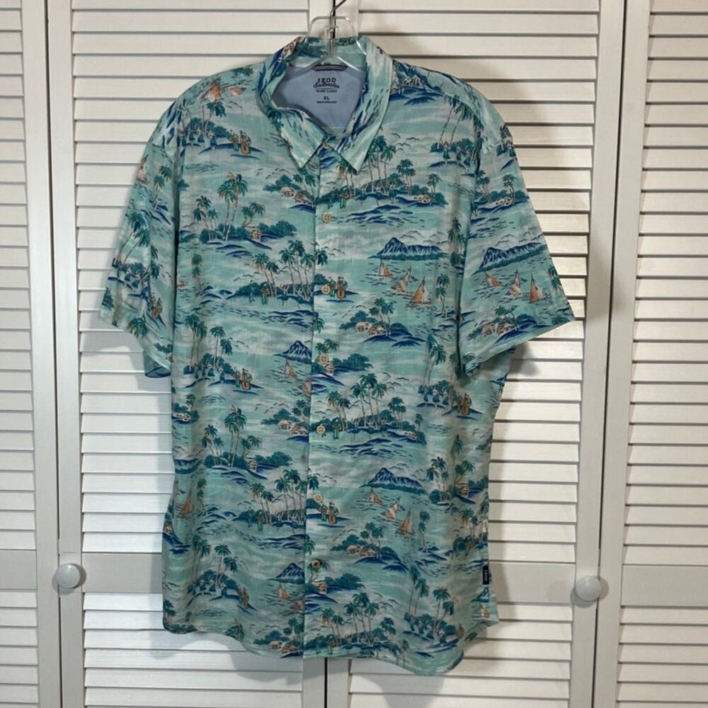 IZOD Saltwater Blue Tropical Hawaiian Chambray Relaxed Classic Shirt Men XL
